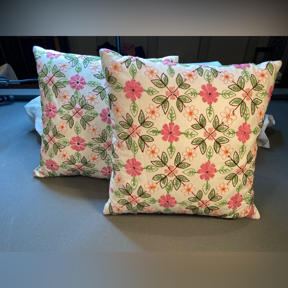 Pink and Green Pillow Embroidered Floral, Pottery Barn Teen, 16” x 16” square